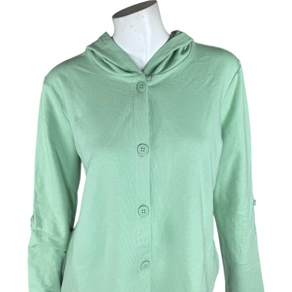 Denim & Co. Beach French Terry Roll Tab Sleeve Hooded Jacket Fresh Sage Small - Picture 2 of 14